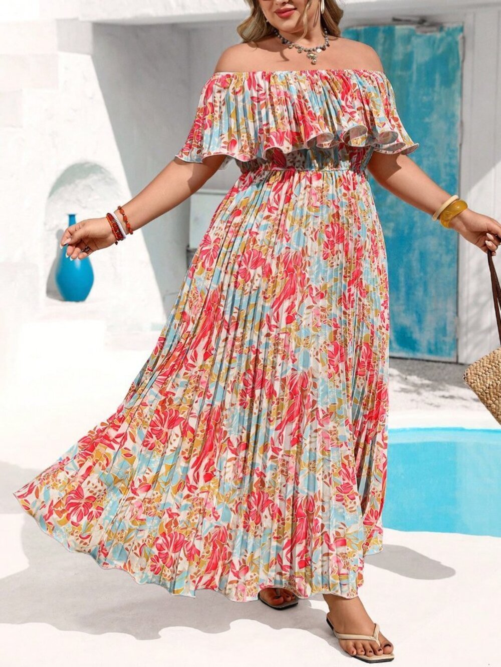 Pink Boho Plus Size Women's Floral Print Off-Shoulder Maxi Dress - Picture 7 of 11